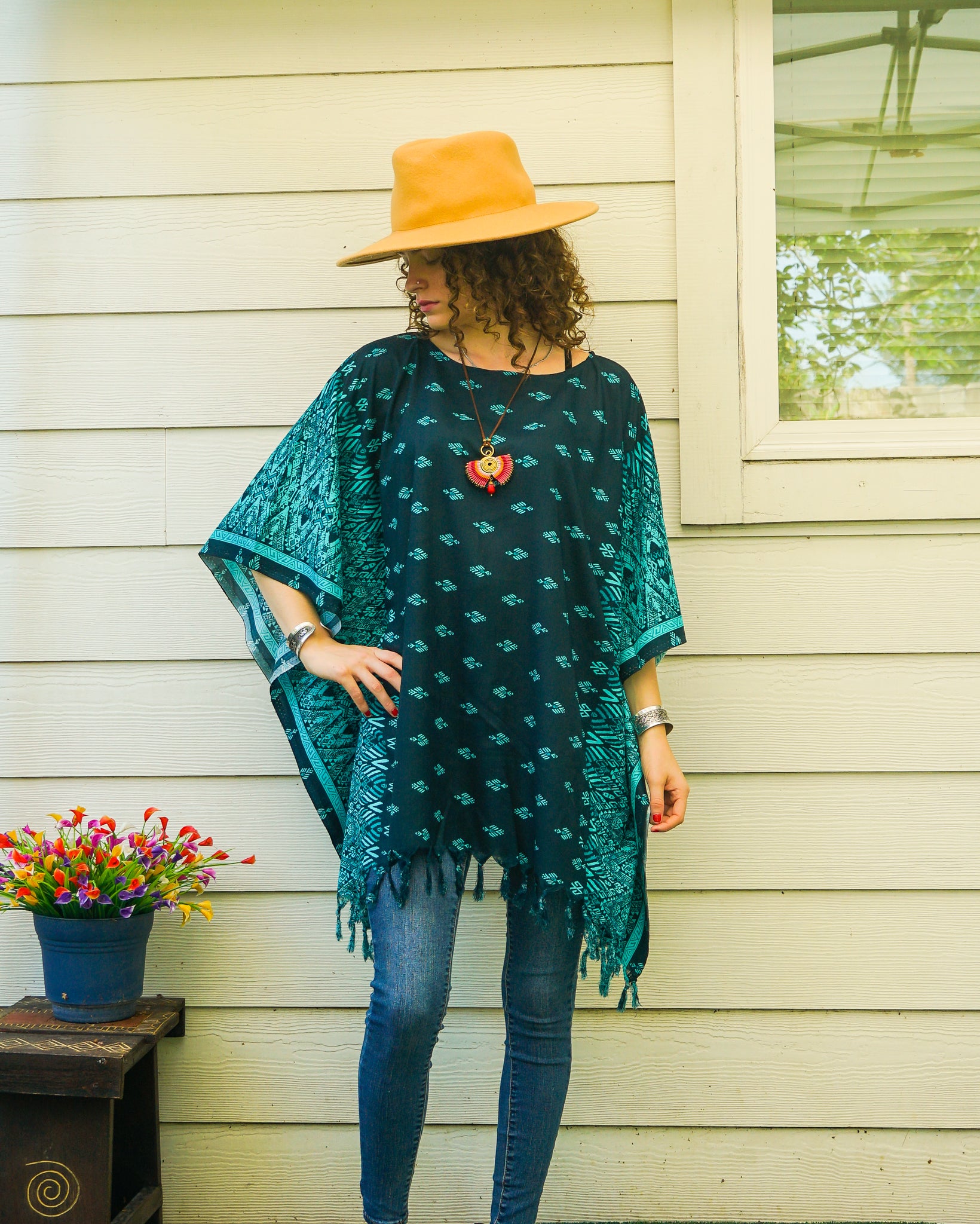 Turquoise Batik Boho Kaftan Tunic Blouse