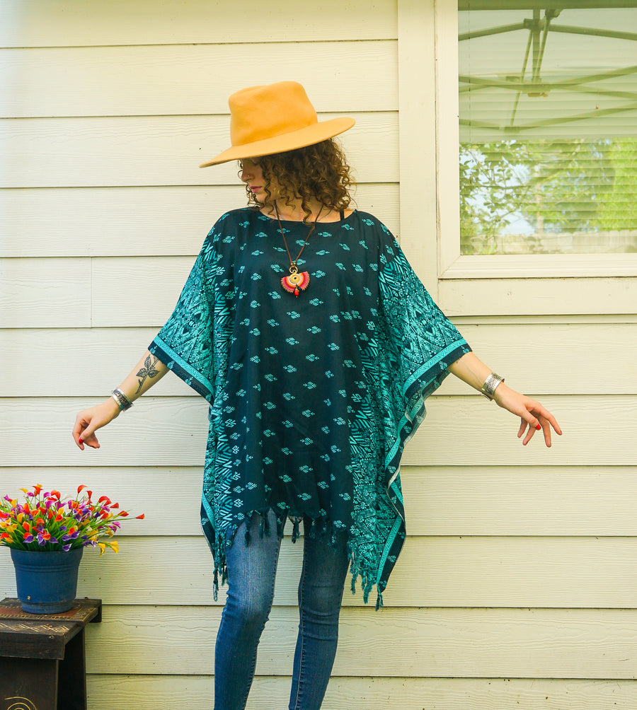 Turquoise Batik Boho Kaftan Tunic Blouse