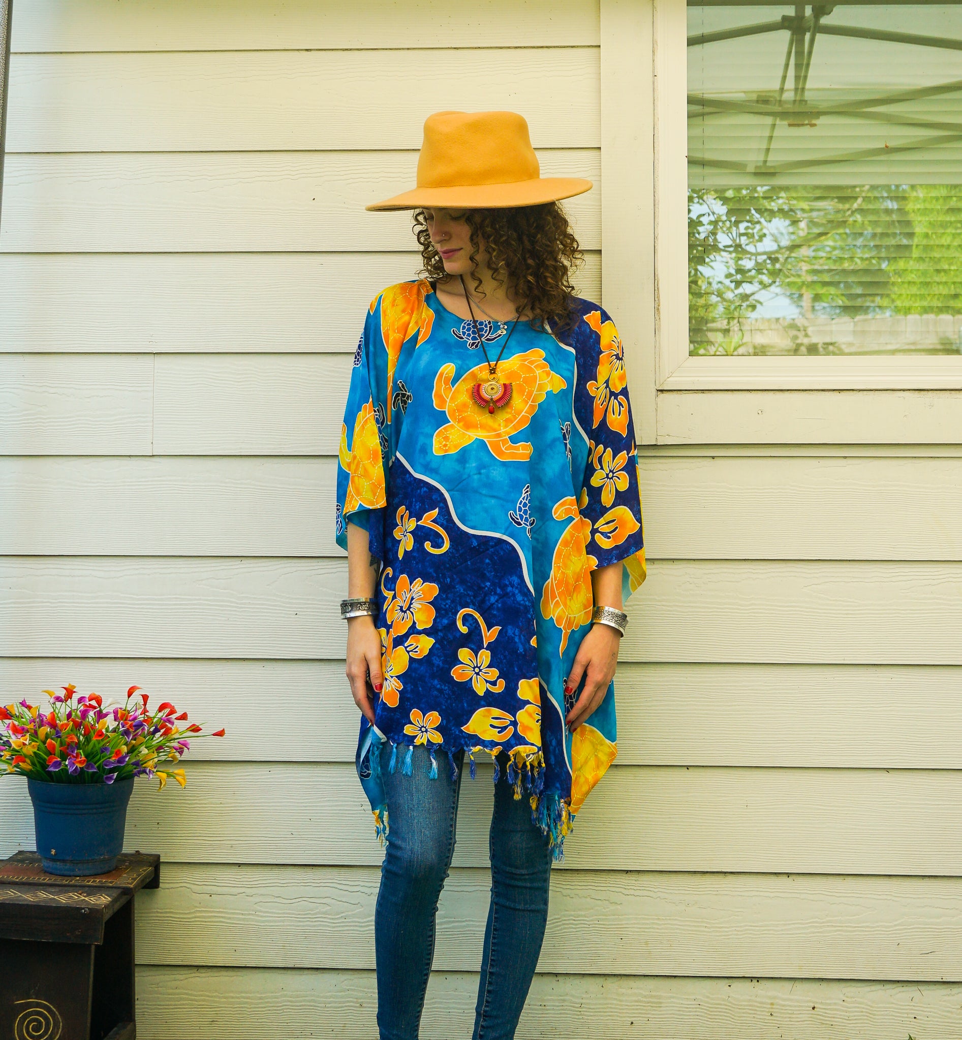 Ocean Hibiscus Honu Hawaiian Kaftan Blouse