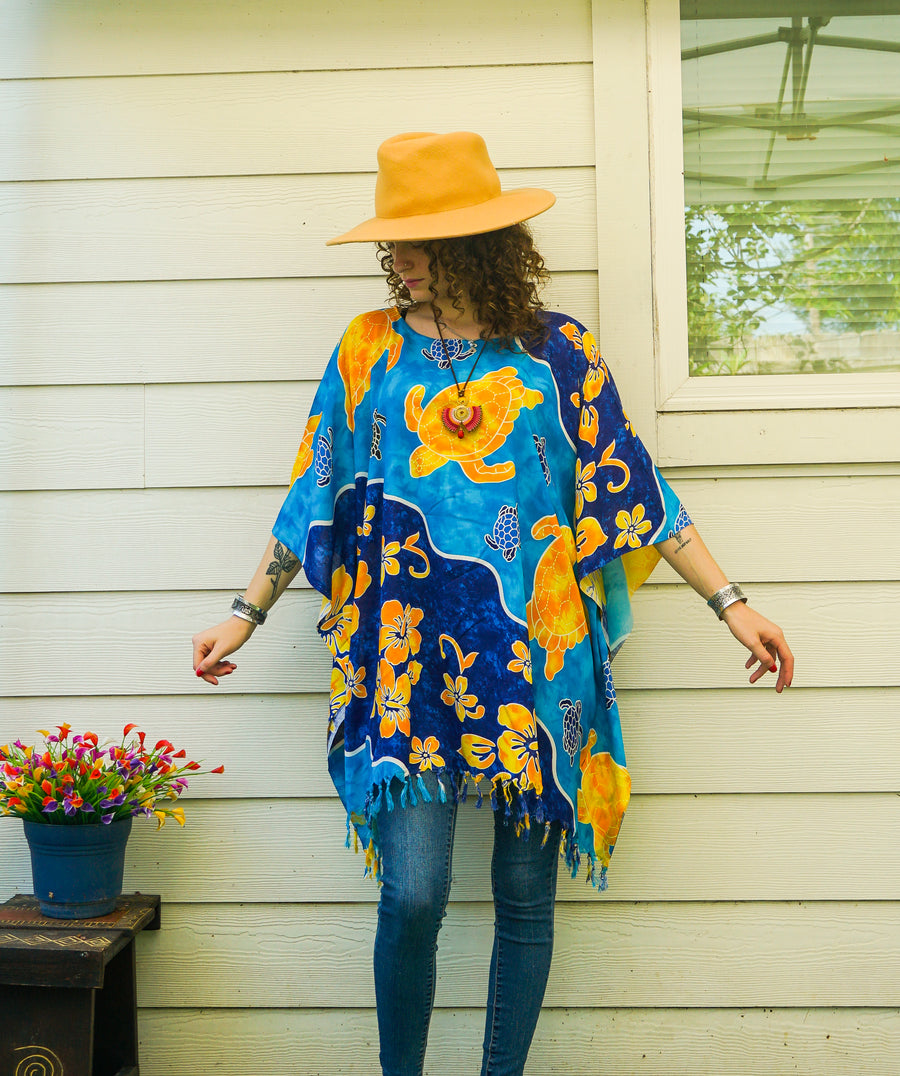 Ocean Hibiscus Honu Hawaiian Kaftan Blouse