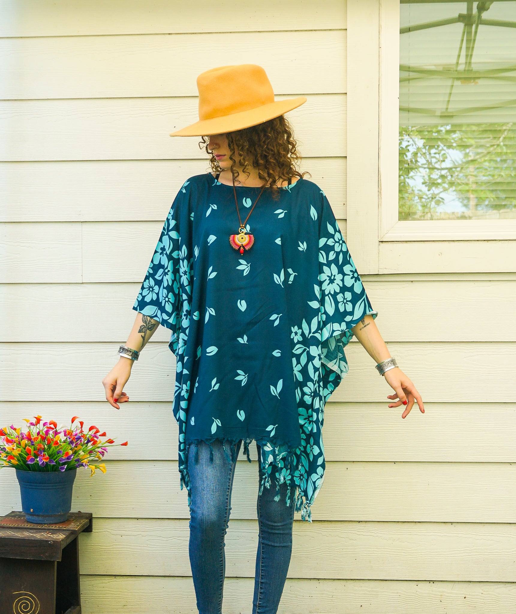 Turquoise Floral Batik Boho Kaftan Tunic Blouse