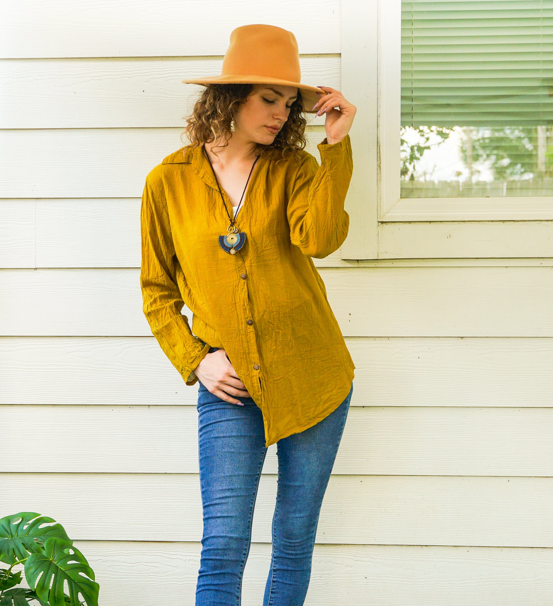 Mustard Yellow Raw Cotton Gauze Long Sleeve Boho Minimalist Blouse