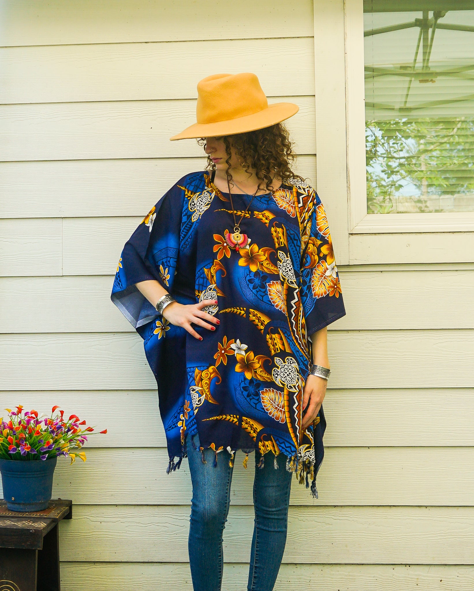 Indigo Honu Hawaiian Tropical Kaftan Tunic