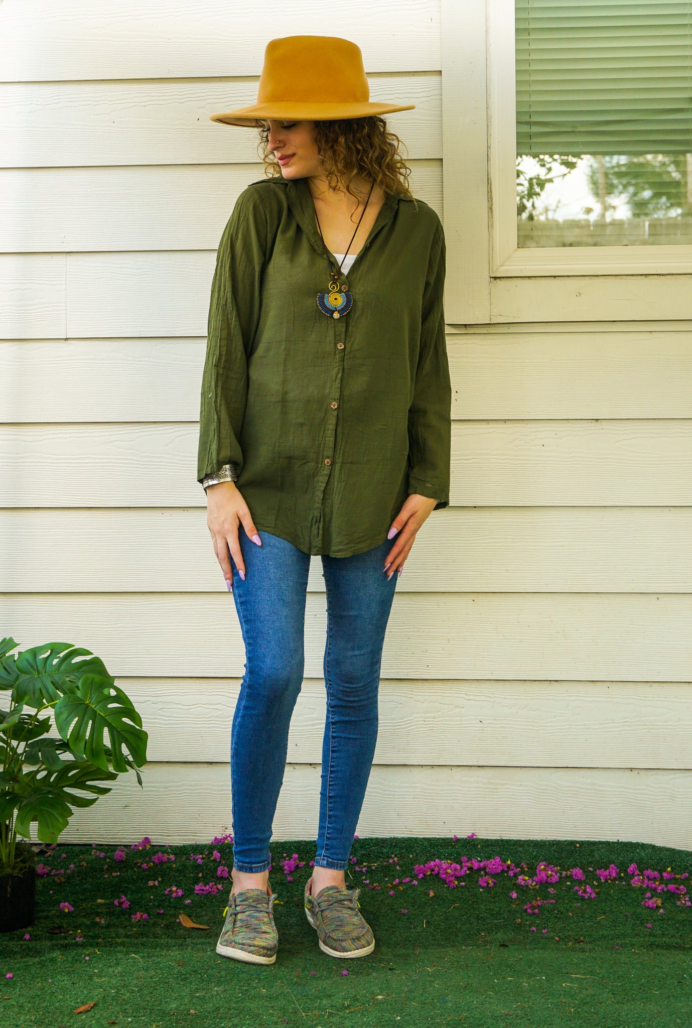 Olive Green Raw Cotton Gauze Collared Long Sleeve Blouse