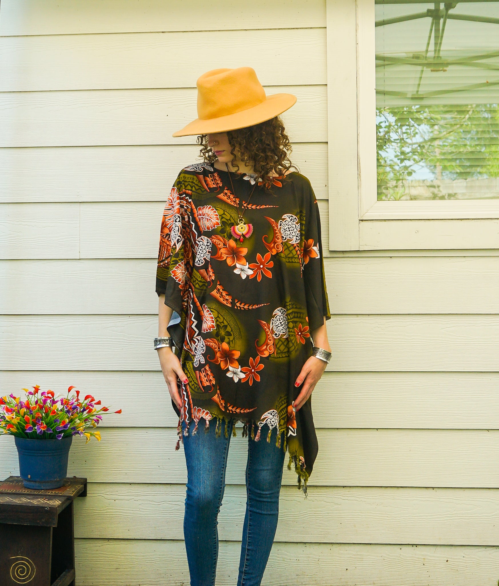 Rust Honu Hawaiian Tropical Kaftan Blouse