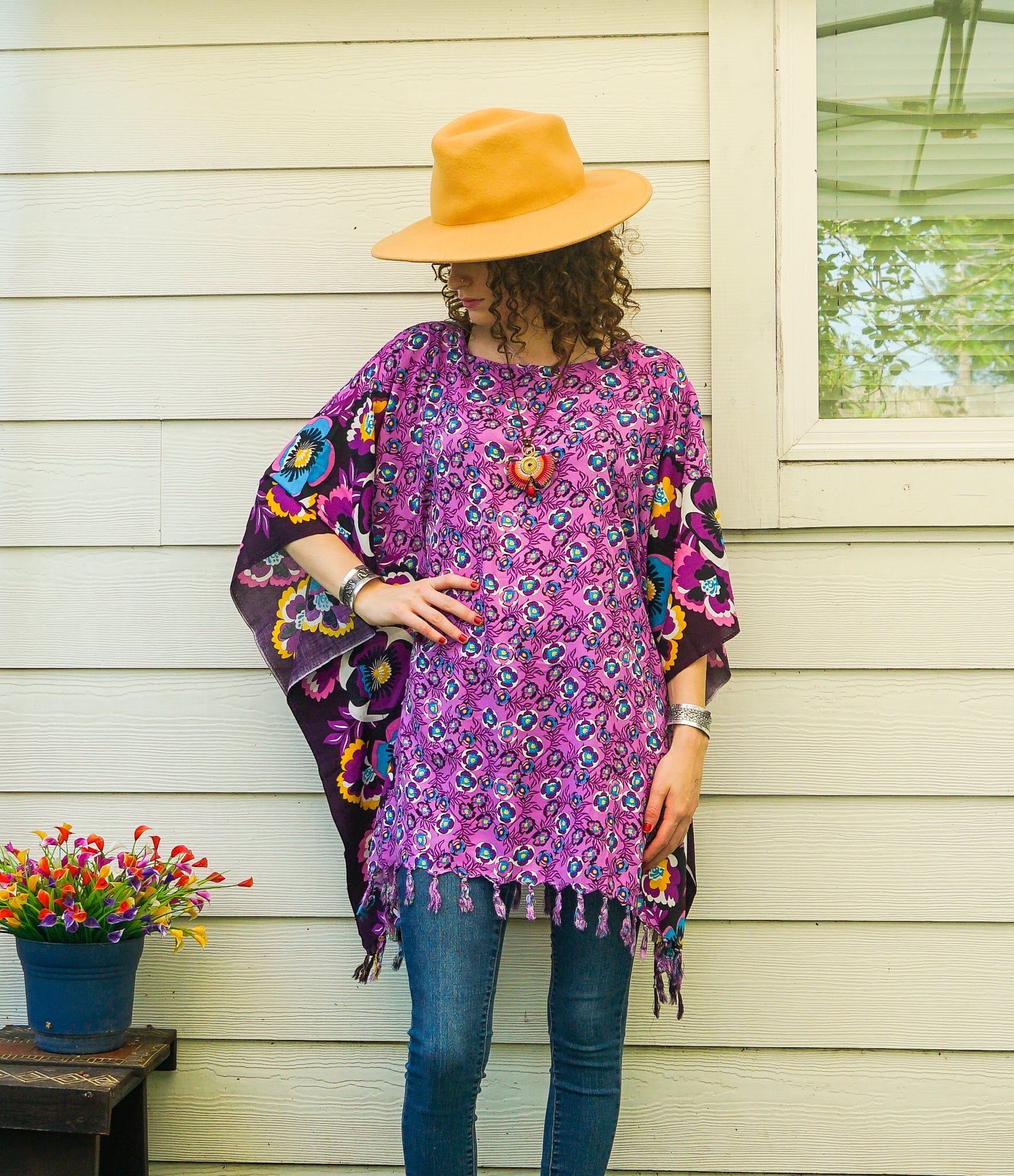 Violet Wild Hibiscus Boho Kaftan Tunic