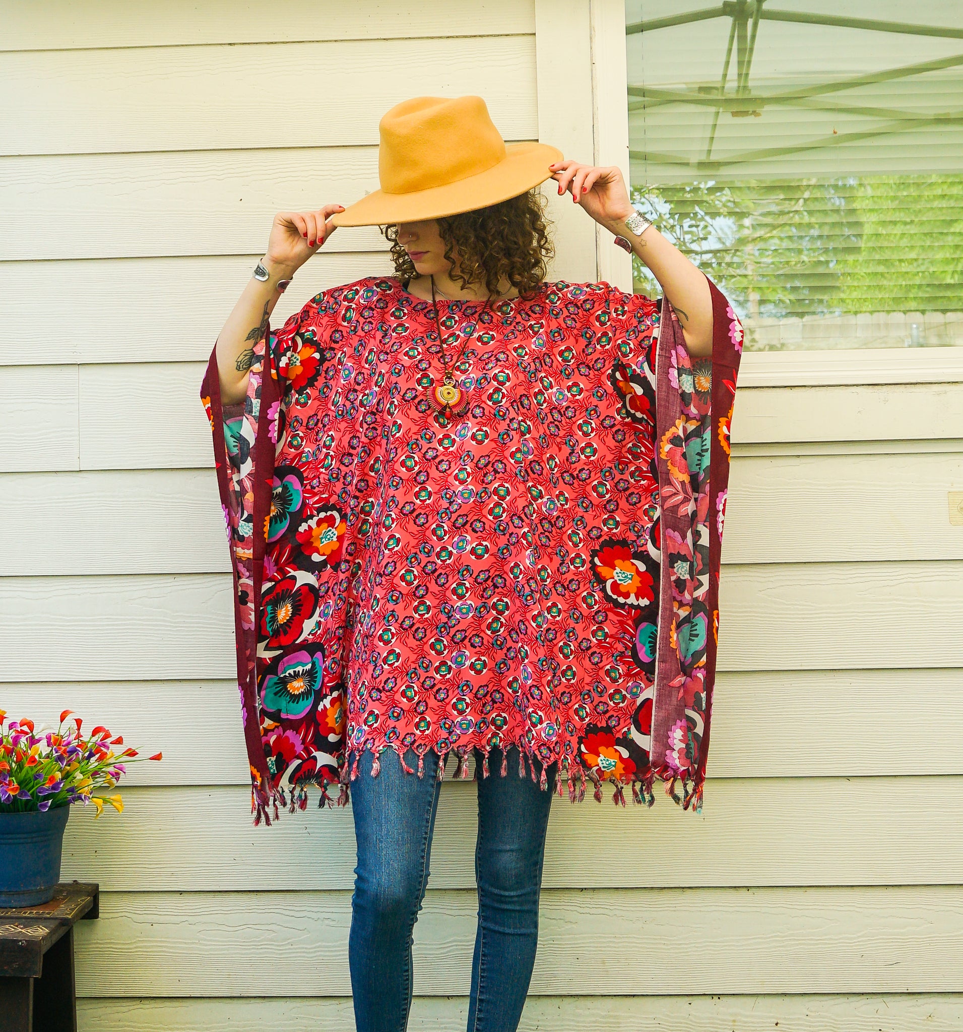 Crimson Wild Hibiscus Boho Kaftan Tunic