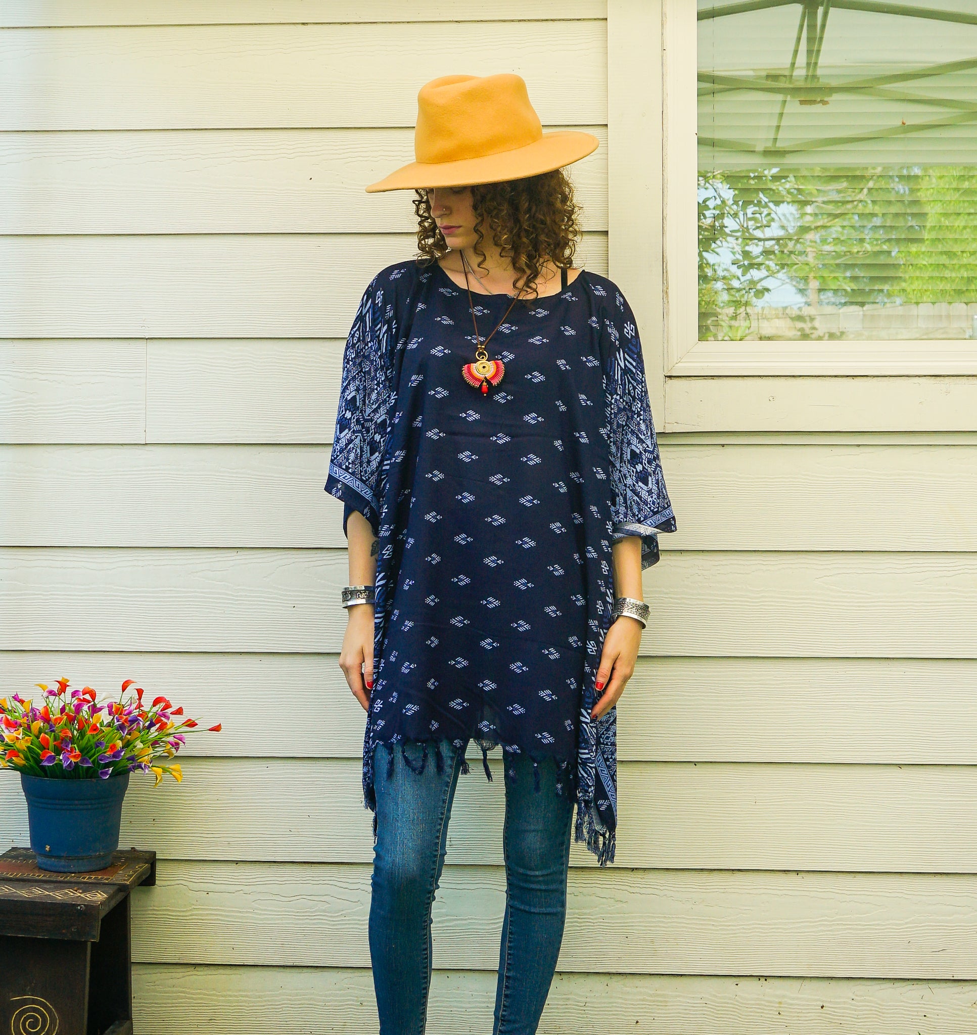 Indigo Batik Boho Kaftan Tunic Blouse