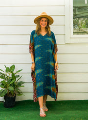 Teal Peacock Feather Kimono Kaftan Dress