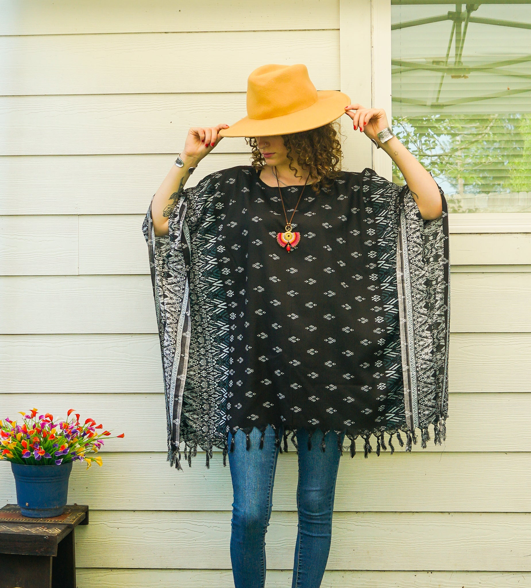 Black Batik Boho Kaftan Tunic Blouse