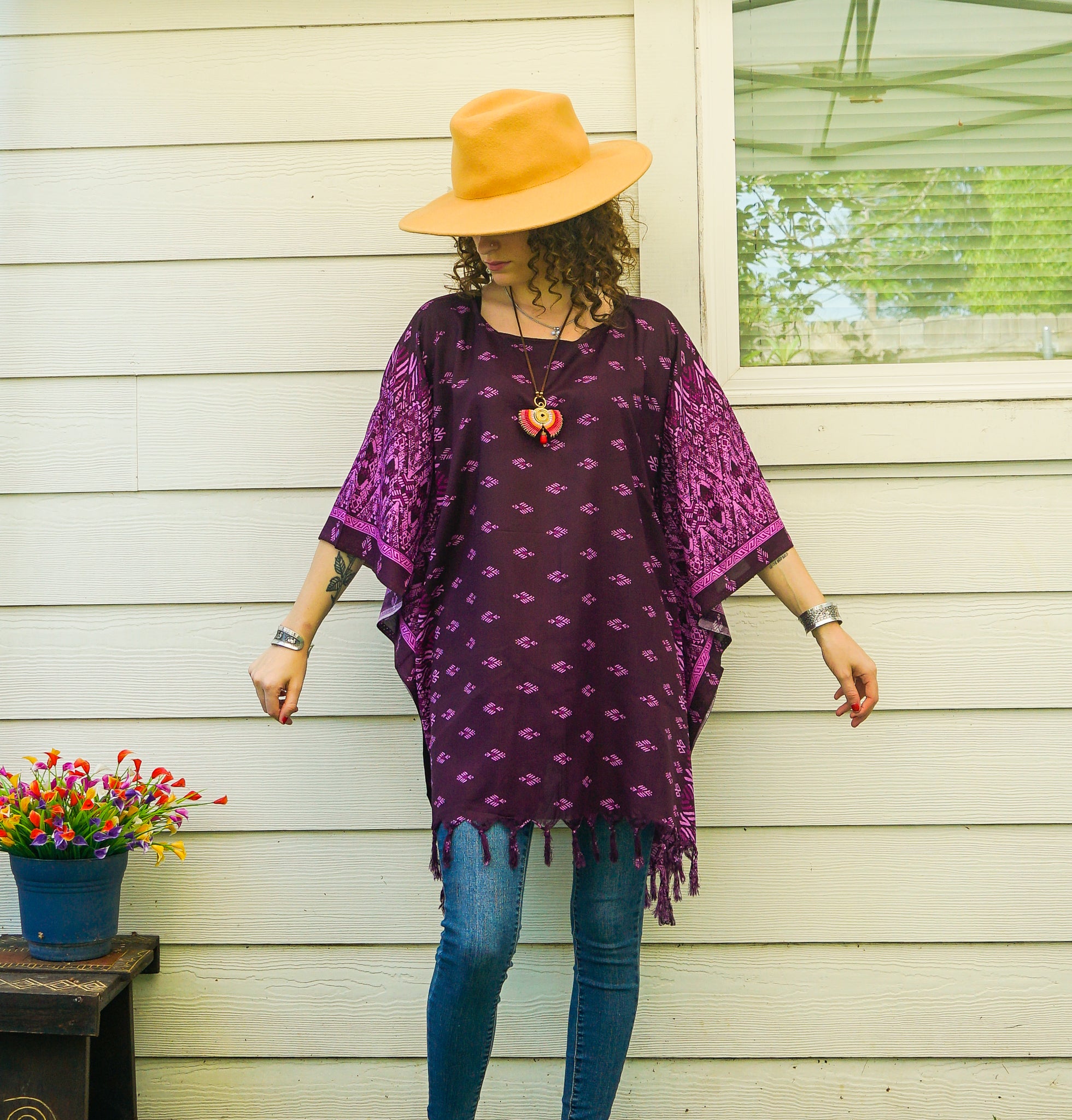 Maroon Batik Boho Kaftan Tunic Blouse