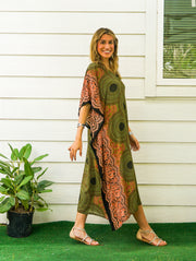 Olive Green Mandala Kimono Kaftan Dress