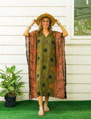 Olive Green Mandala Kimono Kaftan Dress