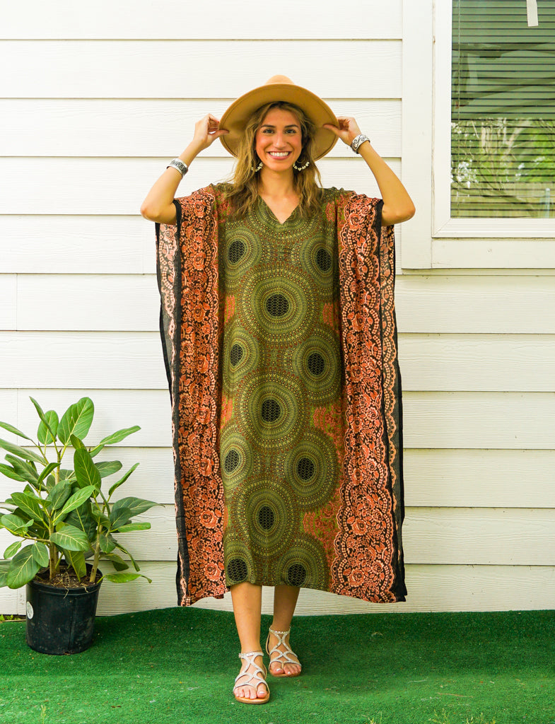 Olive Green Mandala Kimono Kaftan Dress