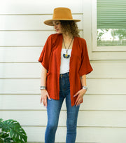 Rust Raw Natural Cotton Gauze Cardigan with Pockets