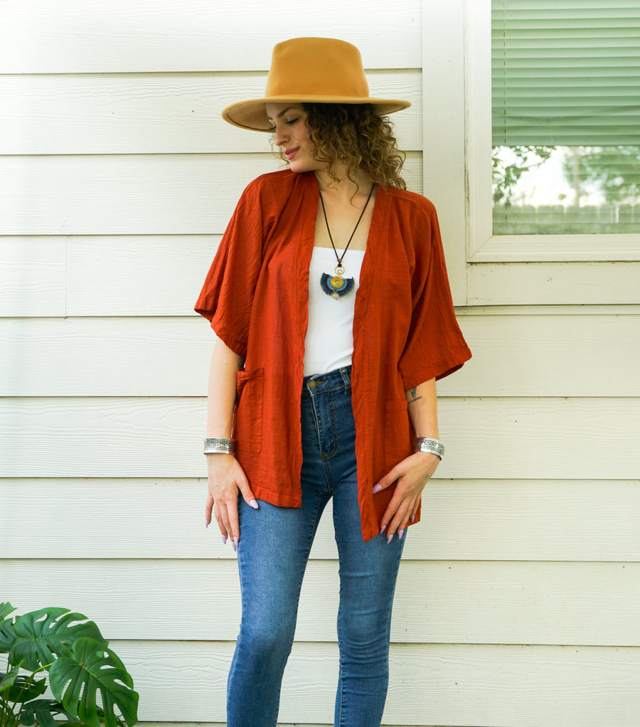 Rust Raw Natural Cotton Gauze Cardigan with Pockets