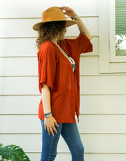 Rust Raw Natural Cotton Gauze Cardigan with Pockets