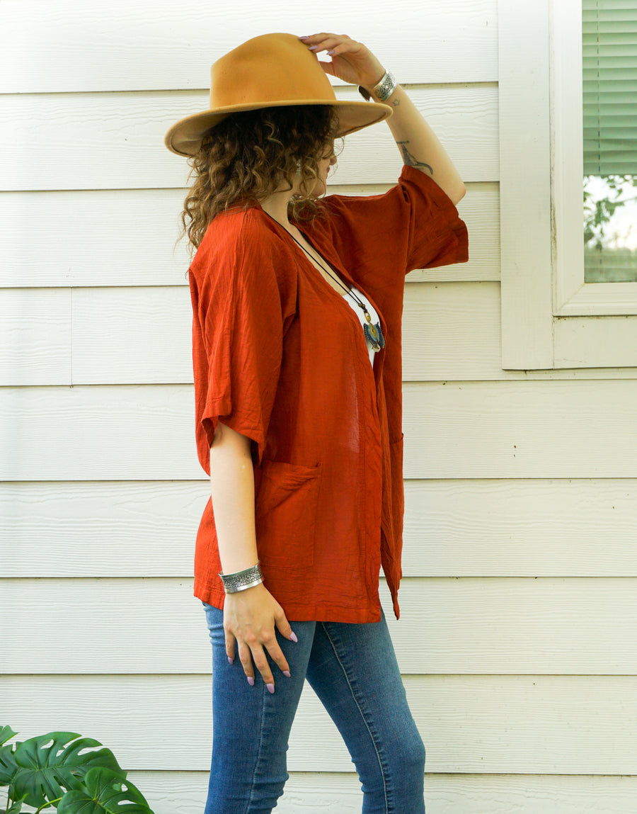 Rust Raw Natural Cotton Gauze Cardigan with Pockets