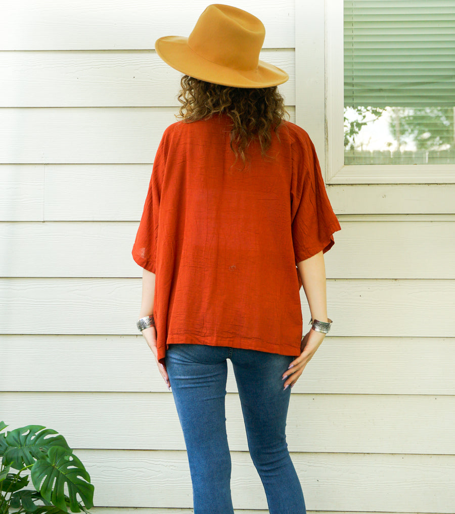 Rust Raw Natural Cotton Gauze Cardigan with Pockets