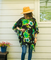 Green Hibiscus Tunic Boho Kaftan Blouse