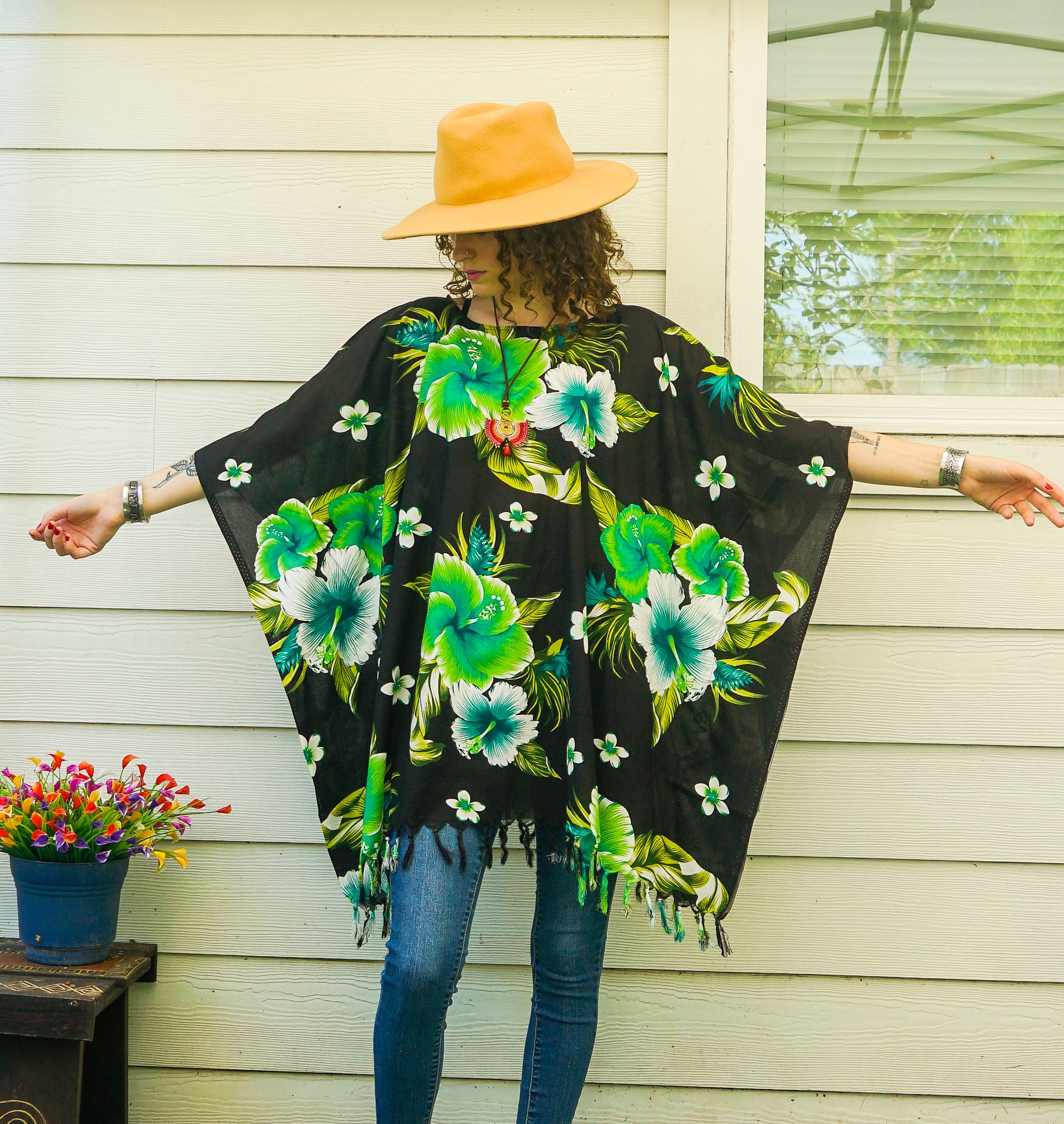 Green Hibiscus Tunic Boho Kaftan Blouse
