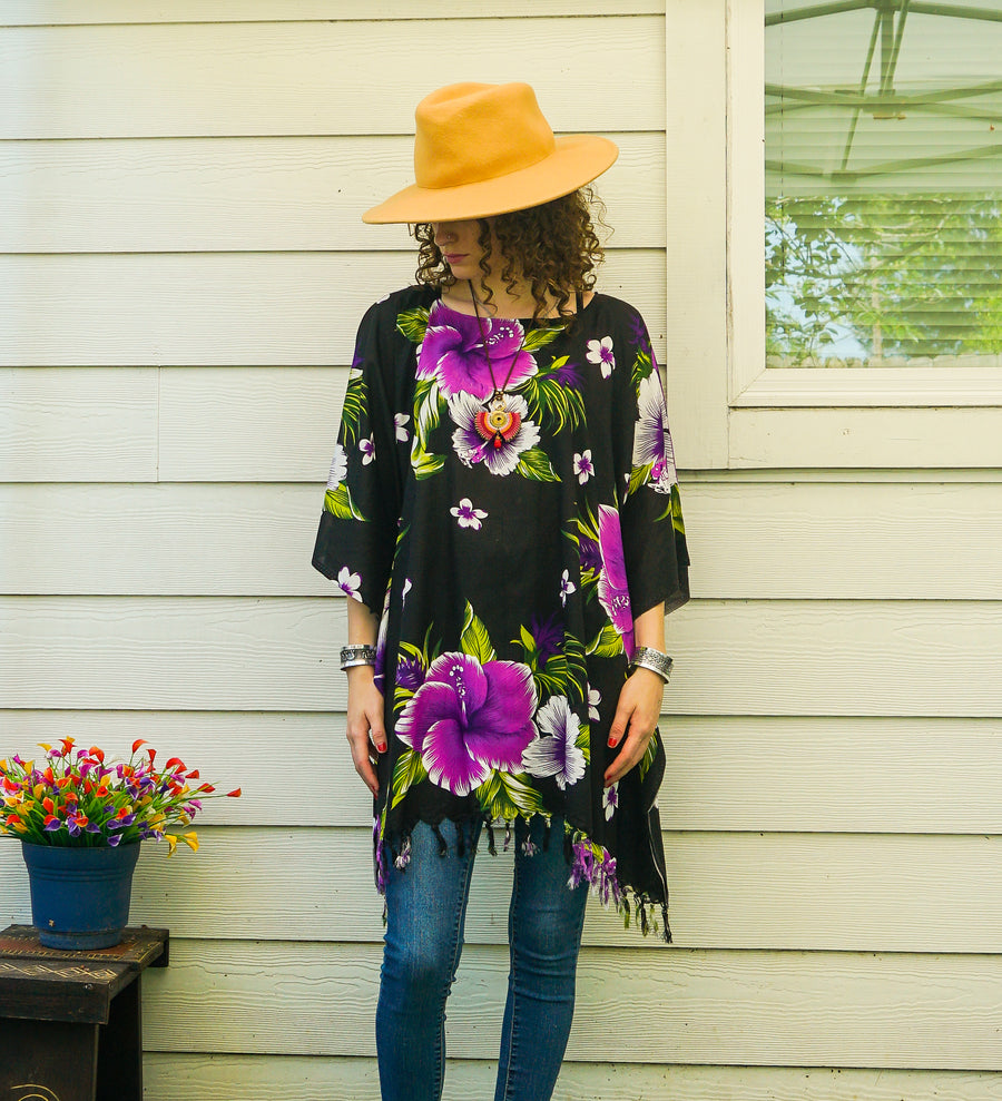Purple Hibiscus Boho Kaftan Blouse