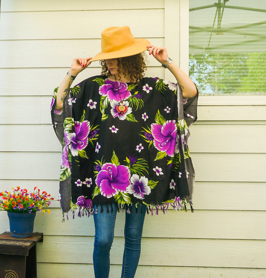 Purple Hibiscus Boho Kaftan Blouse