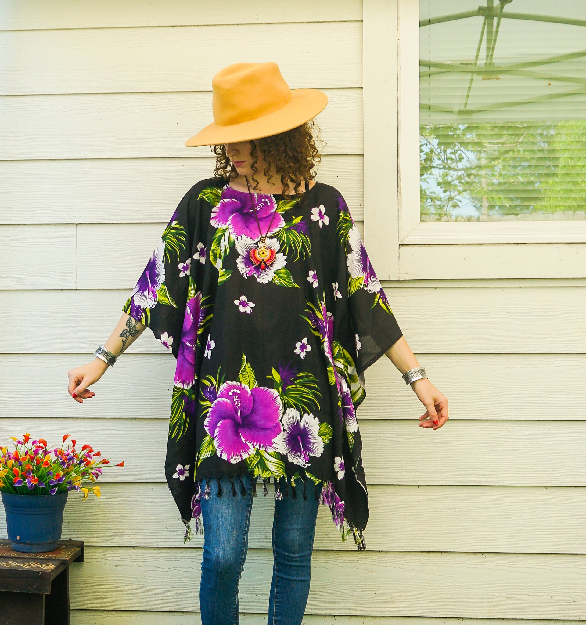 Purple Hibiscus Boho Kaftan Blouse