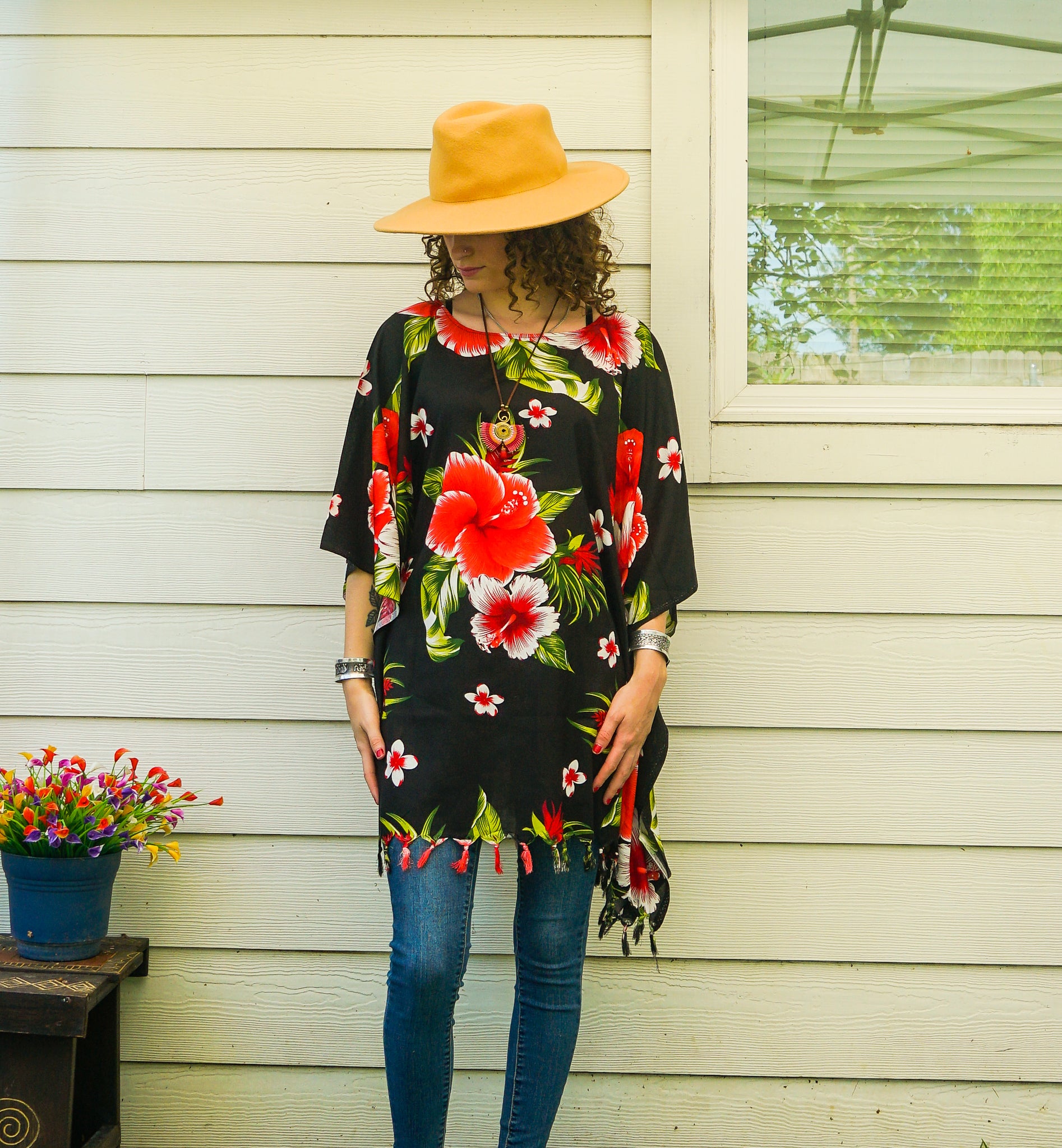 Orange Hibiscus Boho Kaftan Blouse