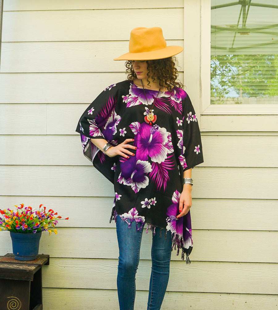 Purple Hibiscus Tunic Boho Kaftan Blouse