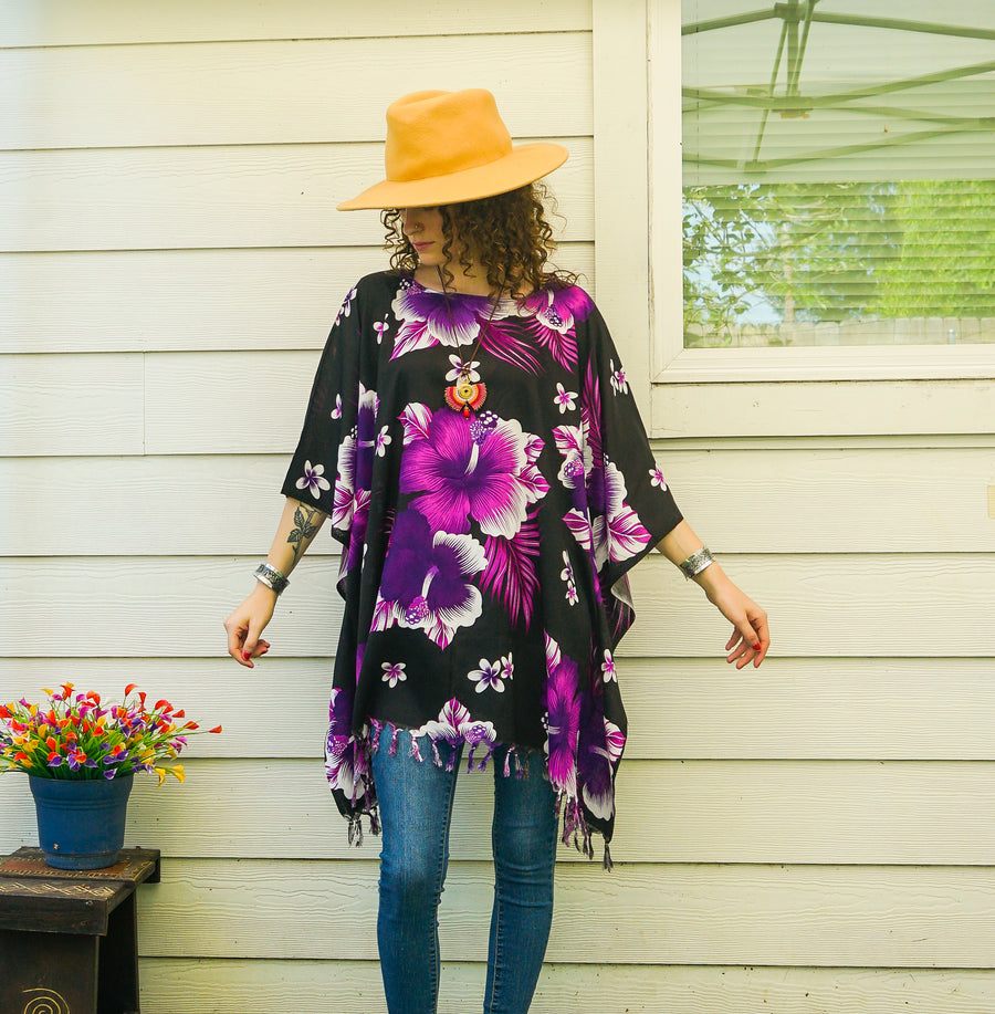 Purple Hibiscus Tunic Boho Kaftan Blouse