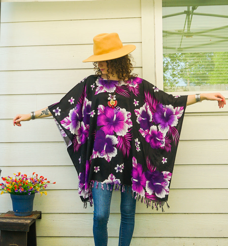 Purple Hibiscus Tunic Boho Kaftan Blouse