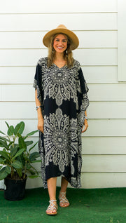 Black Butterfly Mandala Kimono Kaftan Dress