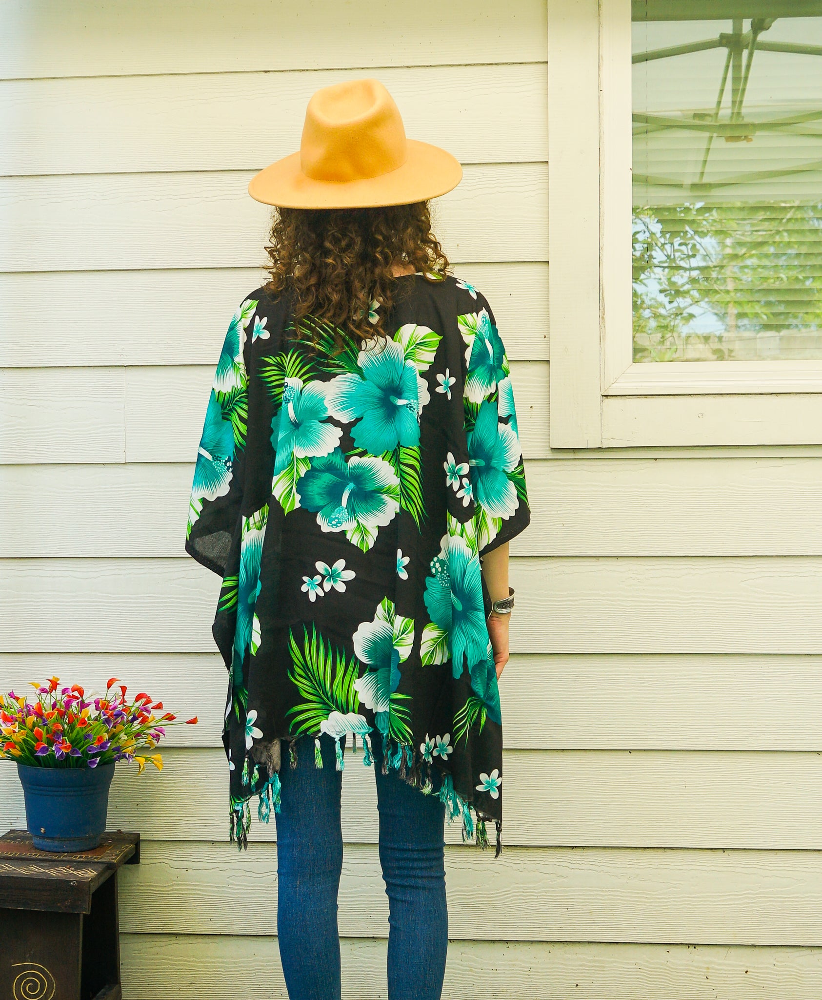Teal Hibiscus Tropical Boho Kaftan Blouse