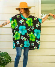 Green Hibiscus Bliss Kaftan Blouse Tunic