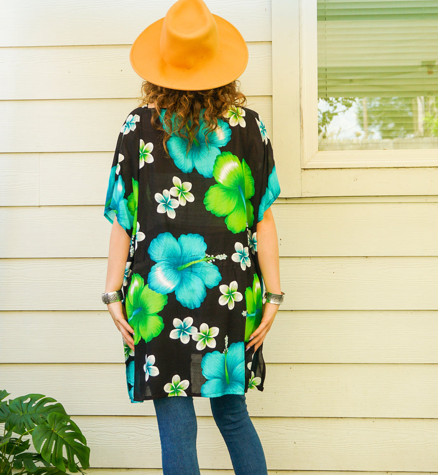Green Hibiscus Bliss Kaftan Blouse Tunic
