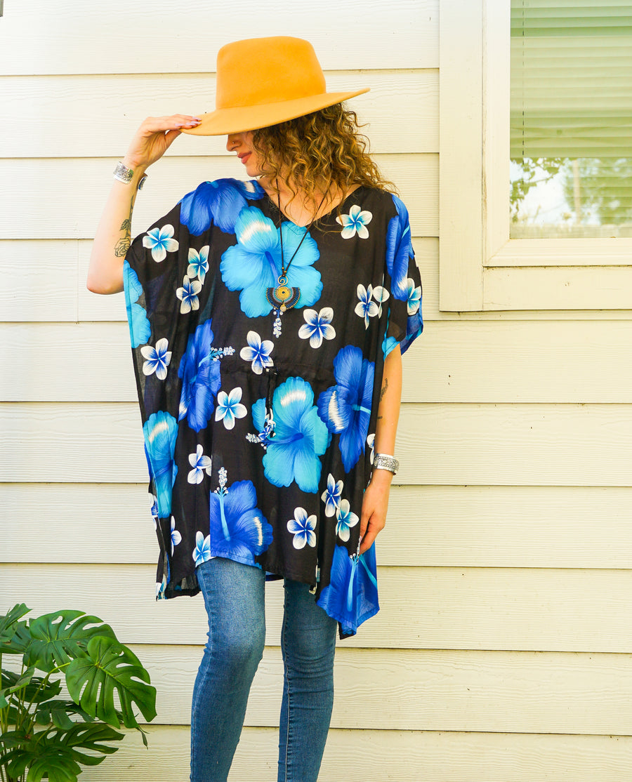 Blue Hibiscus Bliss Kaftan Blouse Tunic