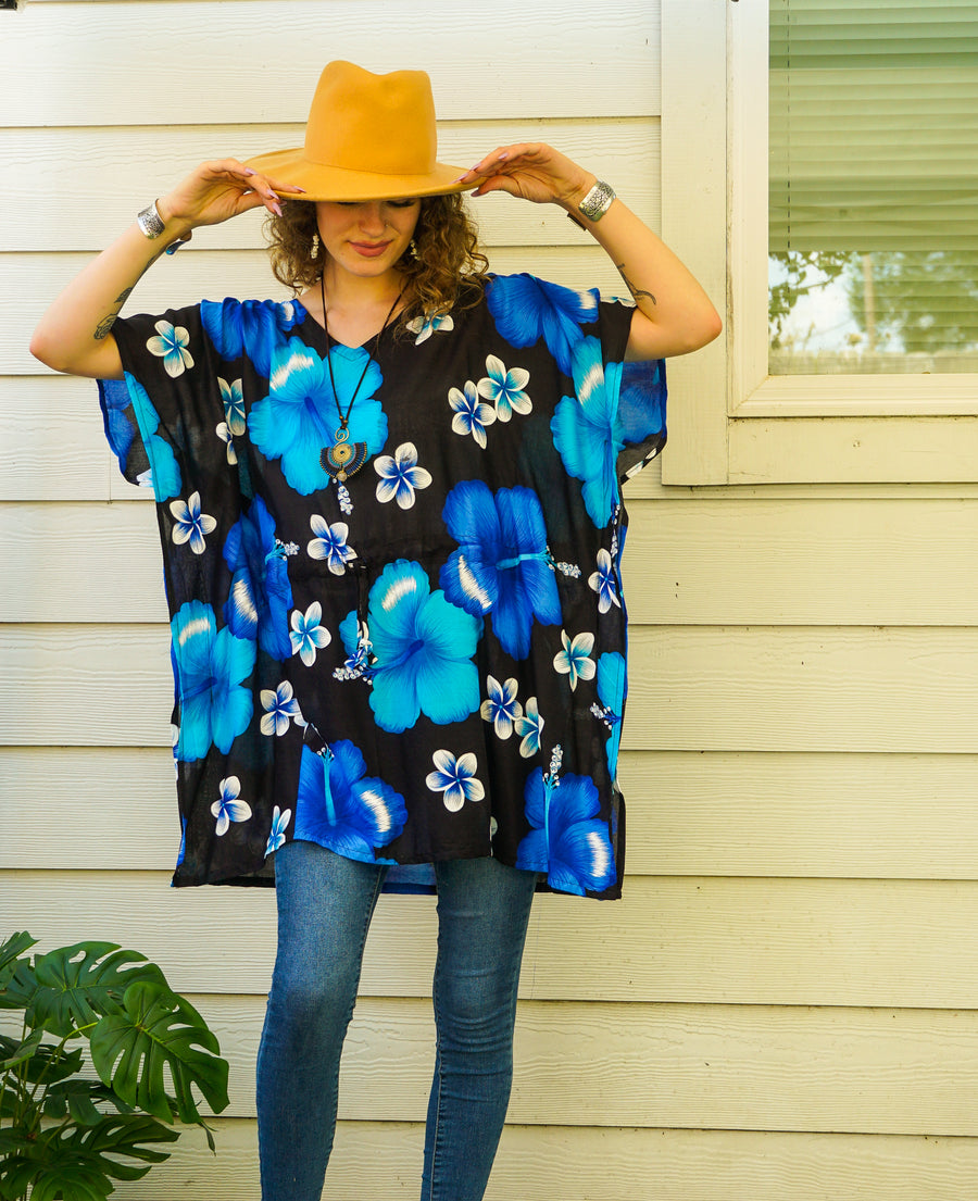 Blue Hibiscus Bliss Kaftan Blouse Tunic