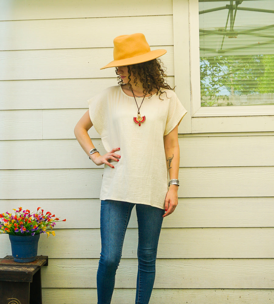 Organic Ivory Raw Natural Double Gauze Crinkled Cotton Blouse