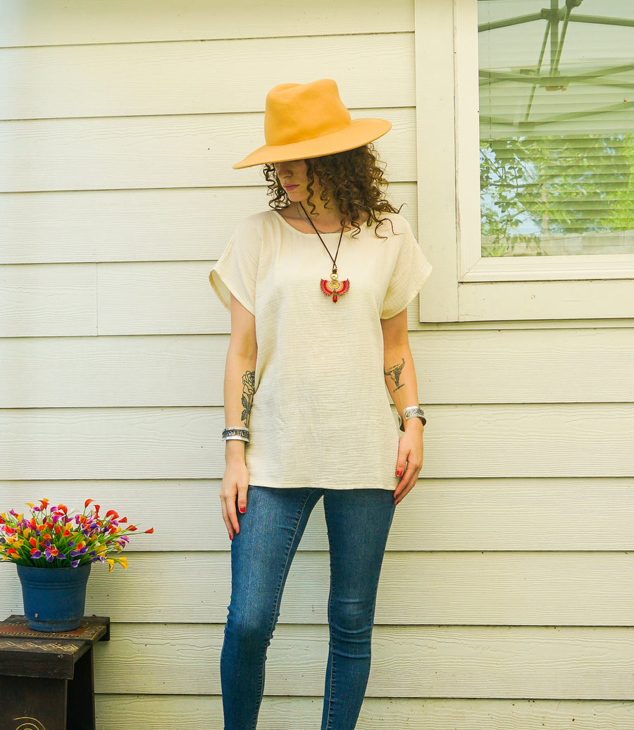 Organic Ivory Raw Natural Double Gauze Crinkled Cotton Blouse