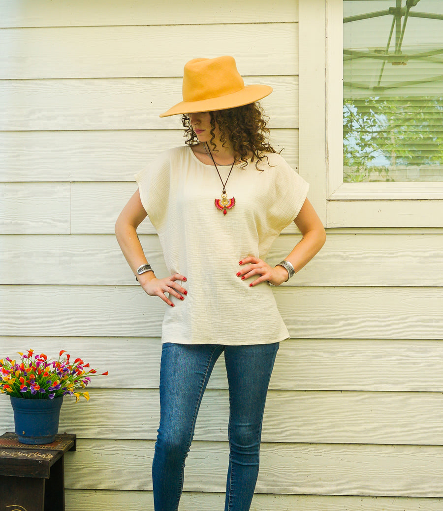 Organic Ivory Raw Natural Double Gauze Crinkled Cotton Blouse