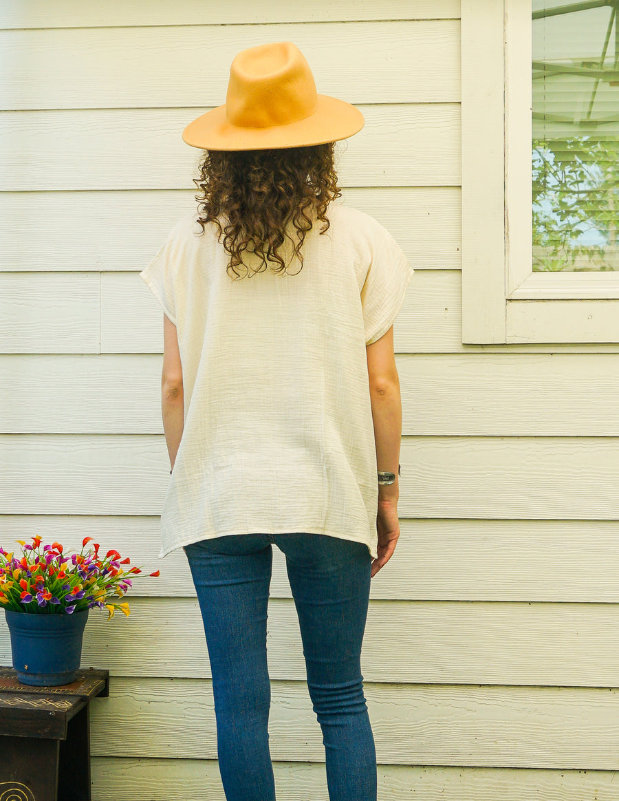 Organic Ivory Raw Natural Double Gauze Crinkled Cotton Blouse