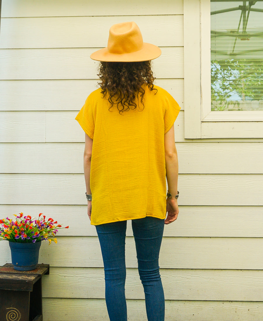 Organic Golden Mustard Raw Natural Double Gauze Crinkled Cotton Blouse