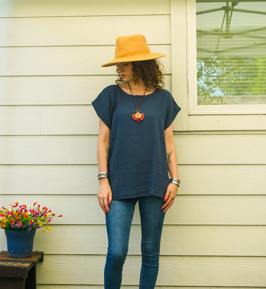 Deep Ocean Blue Organic Raw Natural Double Gauze Crinkled Cotton Blouse