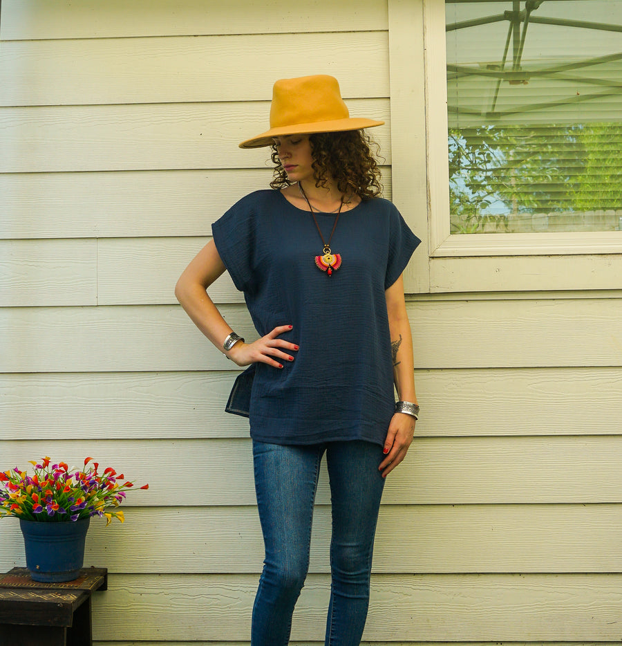 Deep Ocean Blue Organic Raw Natural Double Gauze Crinkled Cotton Blouse