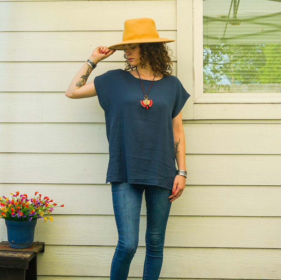 Deep Ocean Blue Organic Raw Natural Double Gauze Crinkled Cotton Blouse