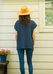 Deep Ocean Blue Organic Raw Natural Double Gauze Crinkled Cotton Blouse