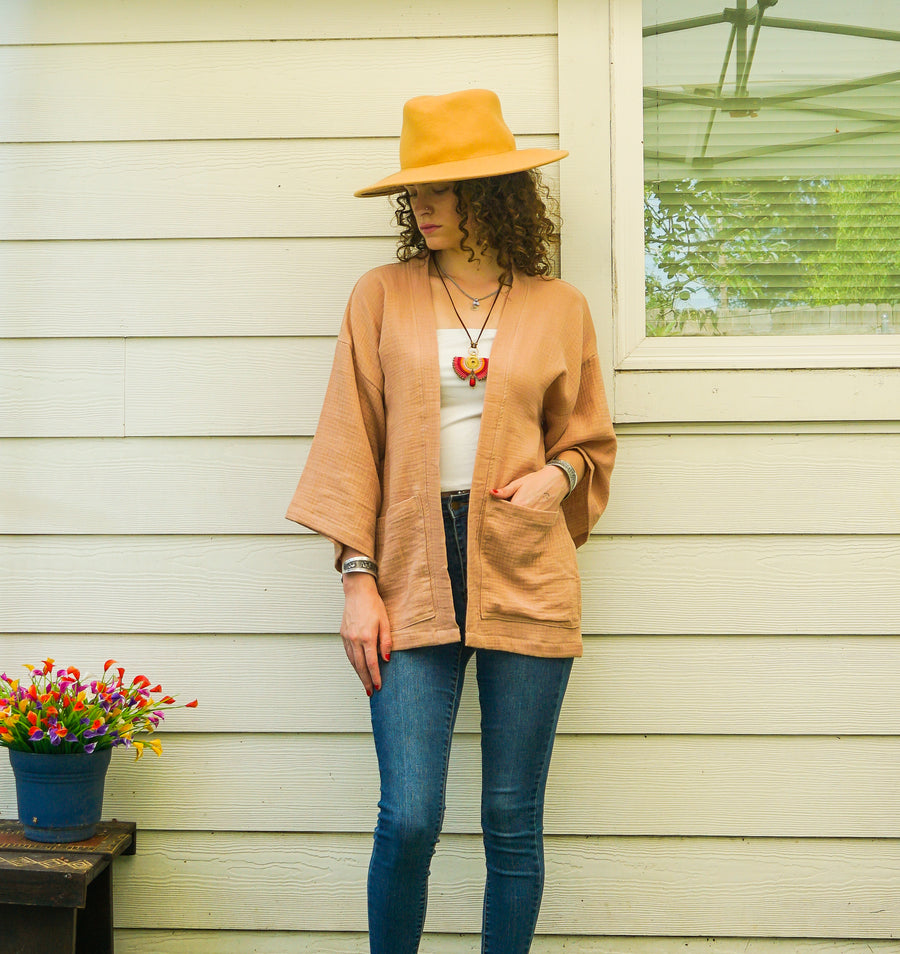 Desert Sand Organic Crinkled Double Gauze Cotton Kimono Blouse Cardigan with Pockets
