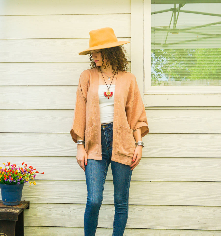 Desert Sand Organic Crinkled Double Gauze Cotton Kimono Blouse Cardigan with Pockets
