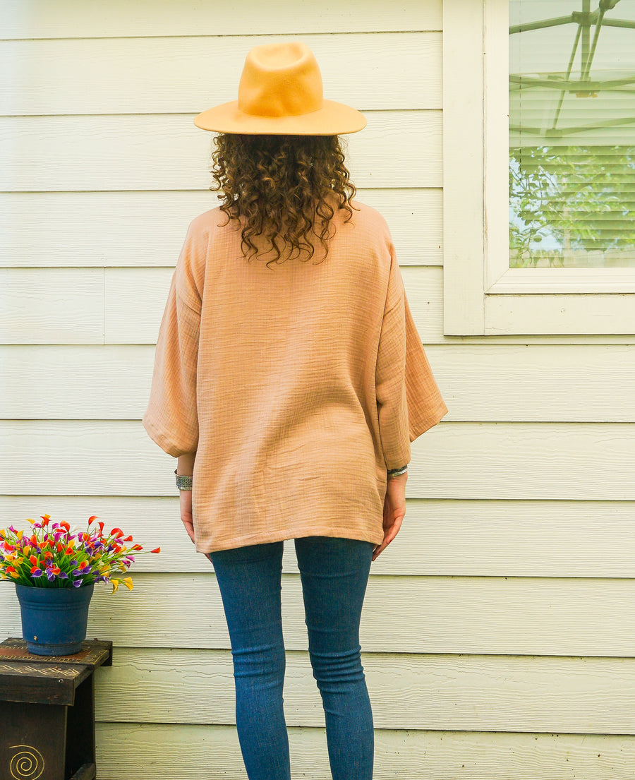 Desert Sand Organic Crinkled Double Gauze Cotton Kimono Blouse Cardigan with Pockets